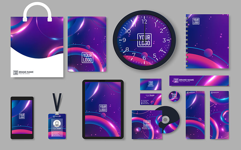 Purple corporate identity template design with color geometric elements. Business stationery